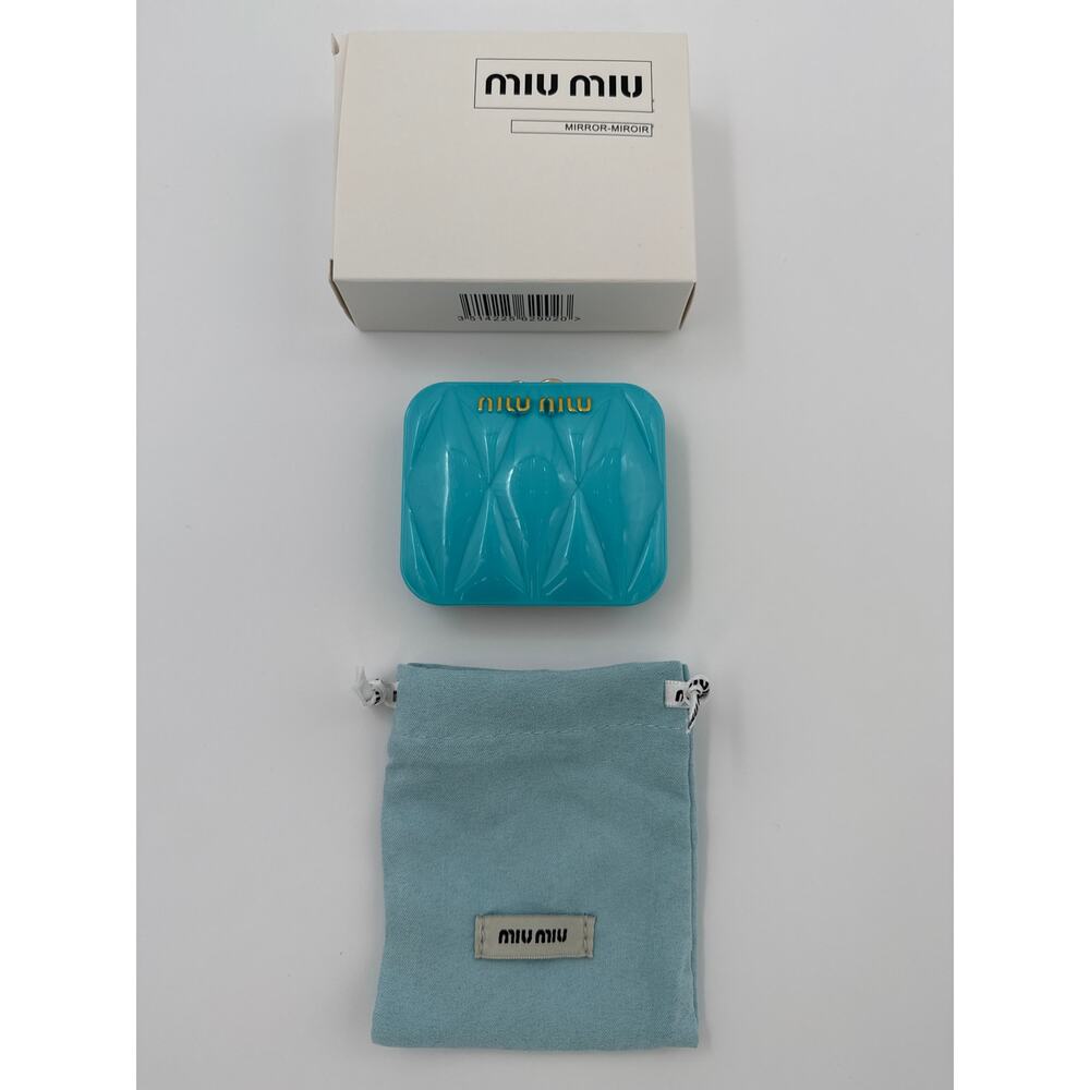 Miu Miu Turquoise Quilted Compact Mirror with Light Blue Suede Pouch